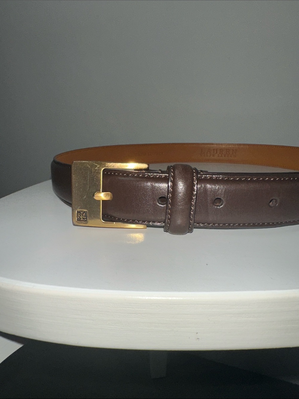 Lauren Ralph Lauren Dark Brown Italian Leather Belt with Gold Buckle - Picture 2 of 5